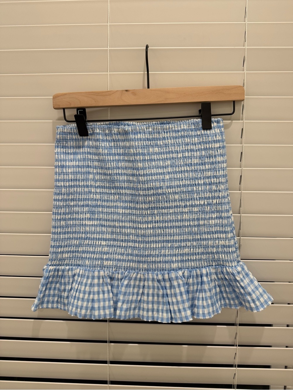 Blue Gingham Smocked Mini Skirt with Ruffle Hem